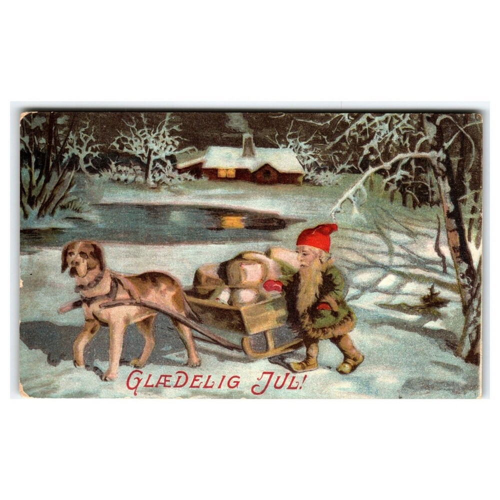 Jenny Nystrom1909 Danish Gnome Dog Sled Christmas Winter Cabin Postcard Germany